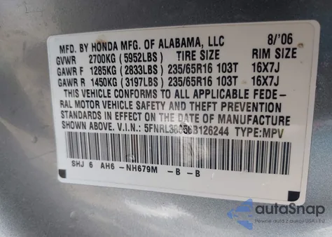 2006 Honda Odyssey Ex-L from USA, damaged, VIN 5FNRL38656B126244